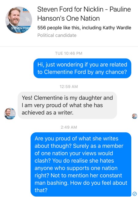Clementine Ford's father member One Nation Party
